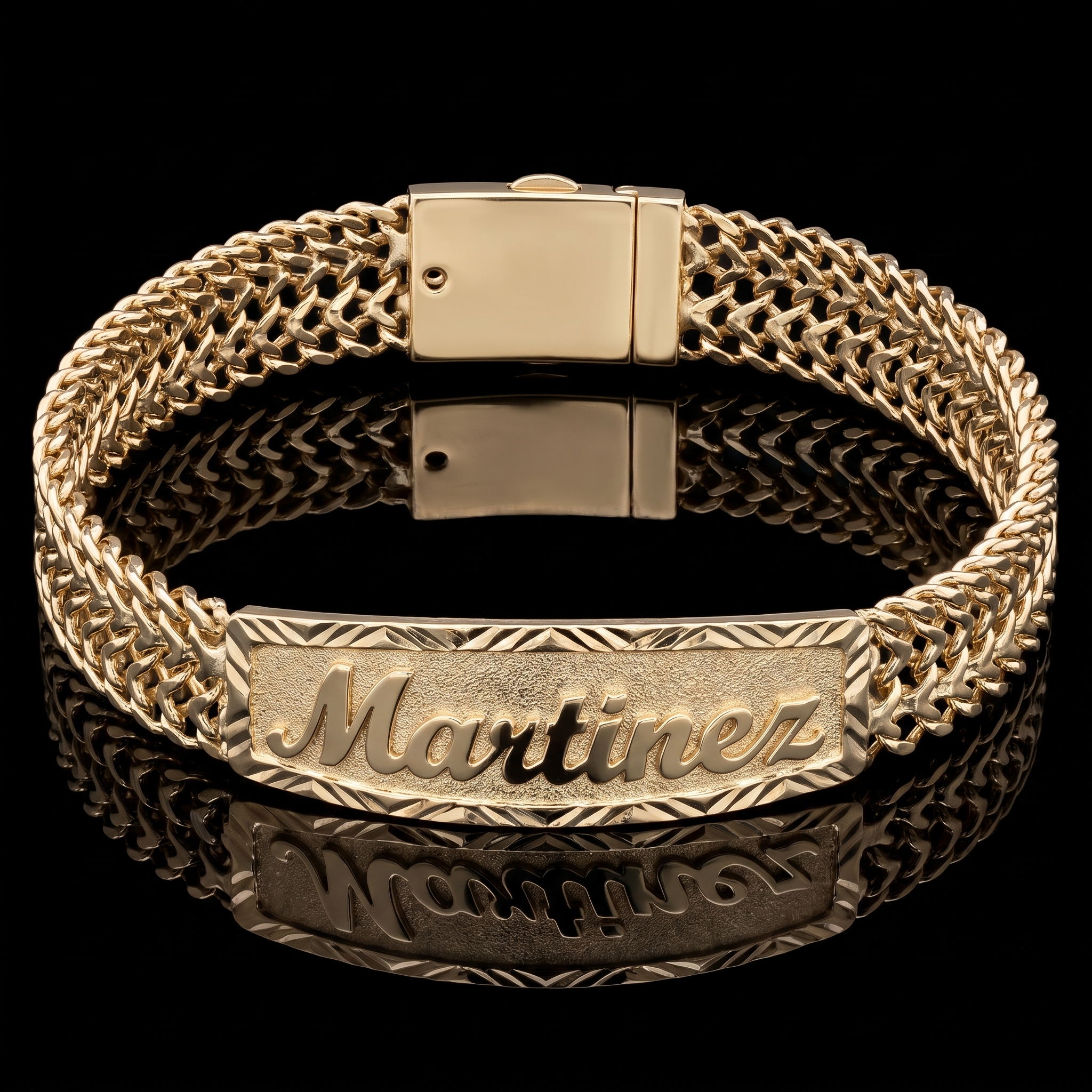 10k gold petatillo ID bracelet with the name Martinez in raised polished script on a diamond-cut nameplate