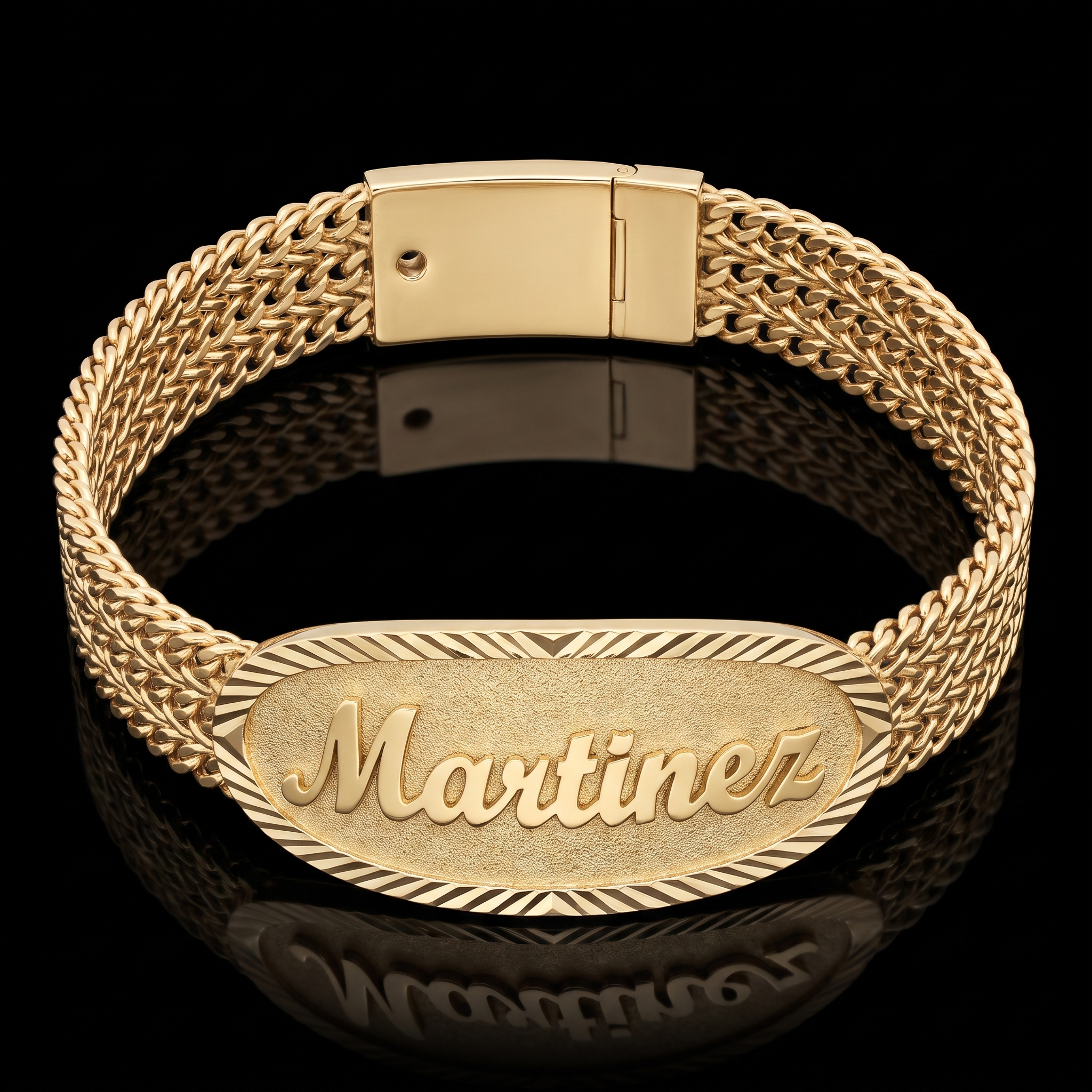 10k gold petatillo ID bracelet, oval nameplate with the name Martinez in raised polished script and a diamond-cut border