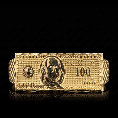 10k gold $100 bill ring 12mm, $100 bill face front view on black