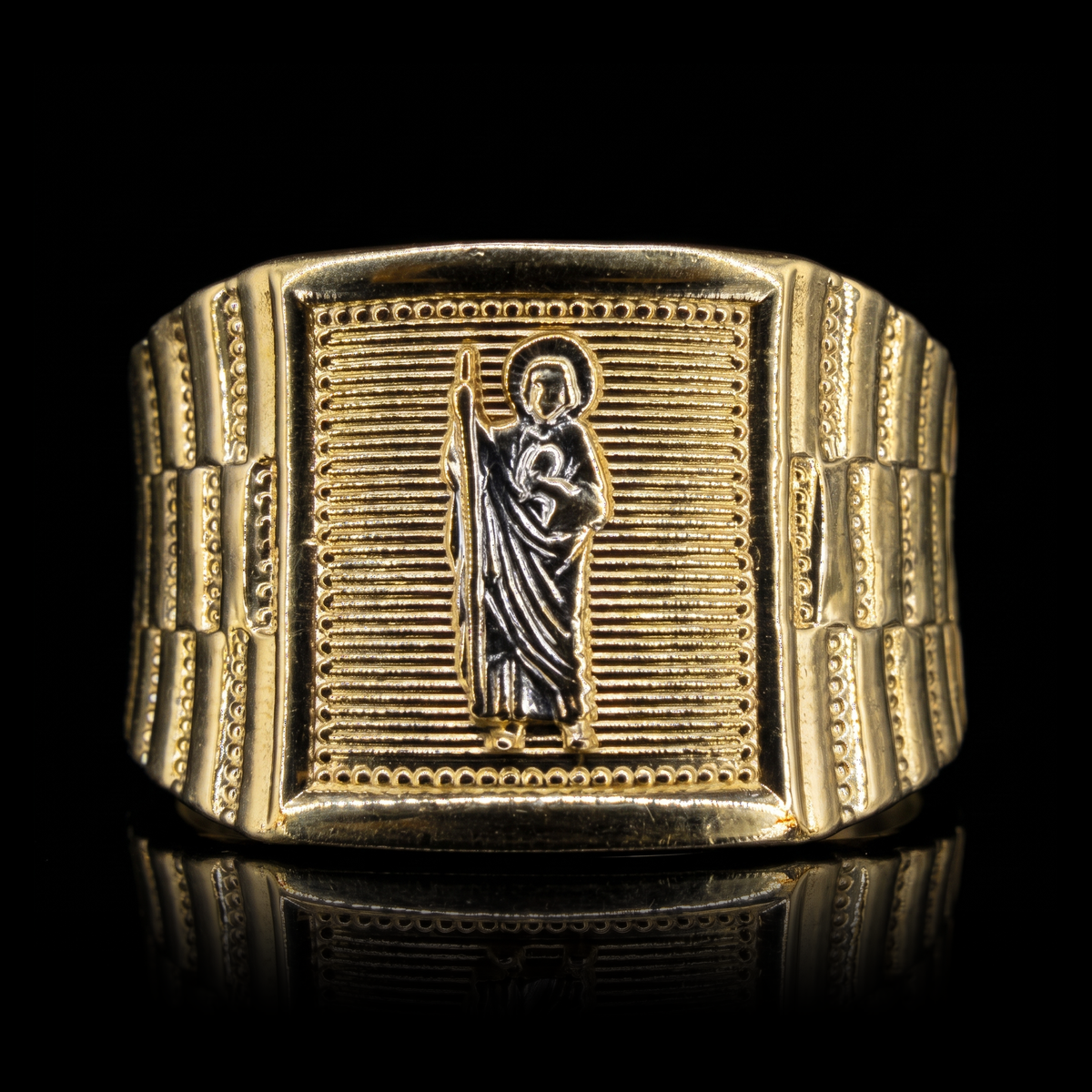 10k gold two-tone Rolex Saint Judas ring 13.5mm, white gold Saint Judas face front view on black