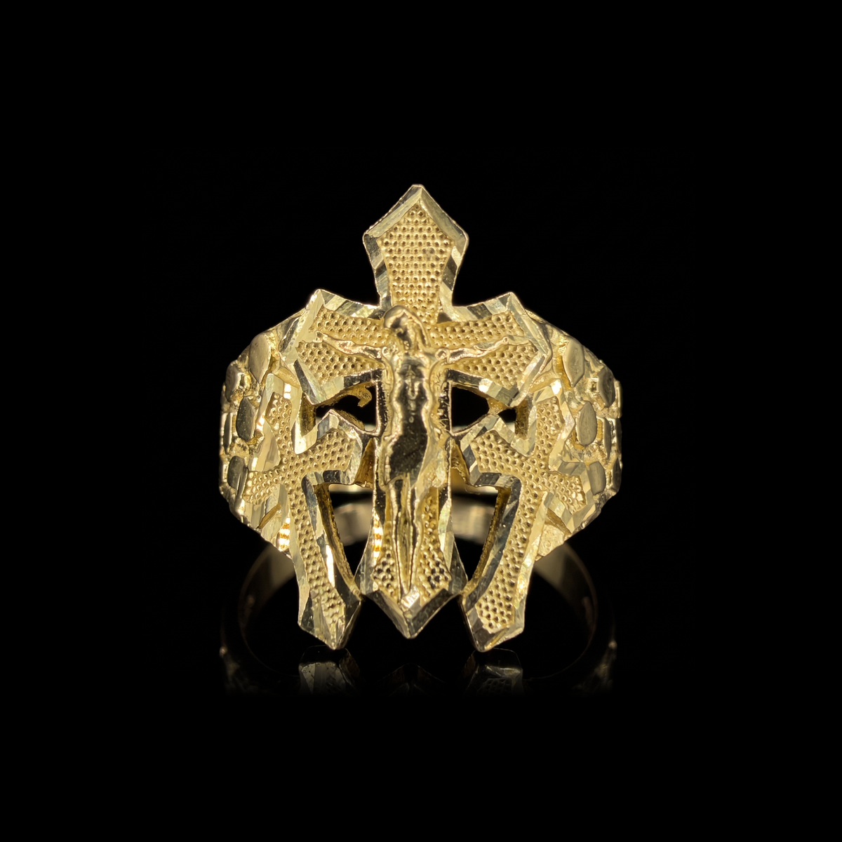 10k gold nugget 3 cross crucifix ring 21mm, three-cross crucifix face front view on black