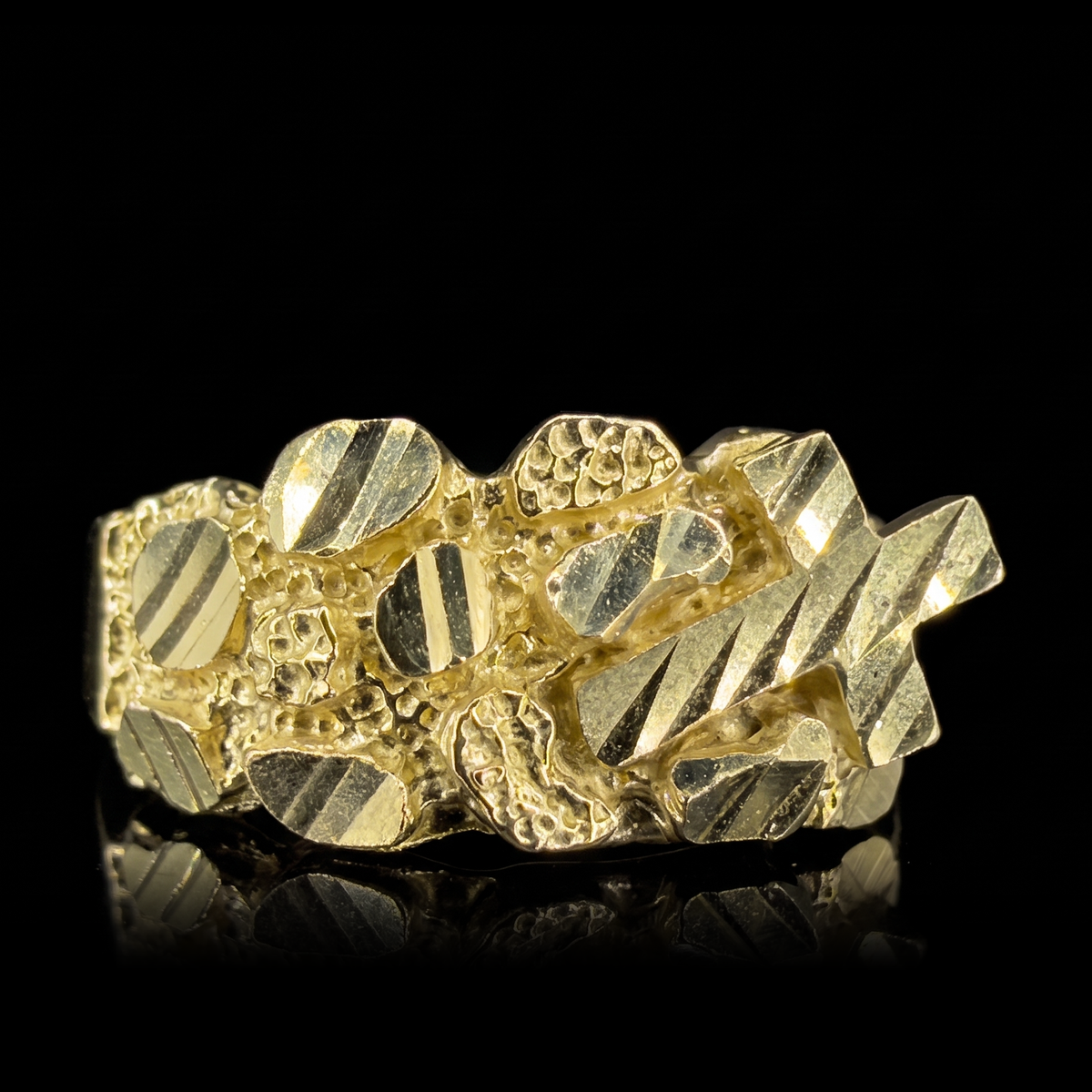 10k gold cross nugget ring 9.5mm, cross nugget face front view on black