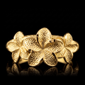 10k gold 3 hibiscus flower ring 9mm, flower face front view on black