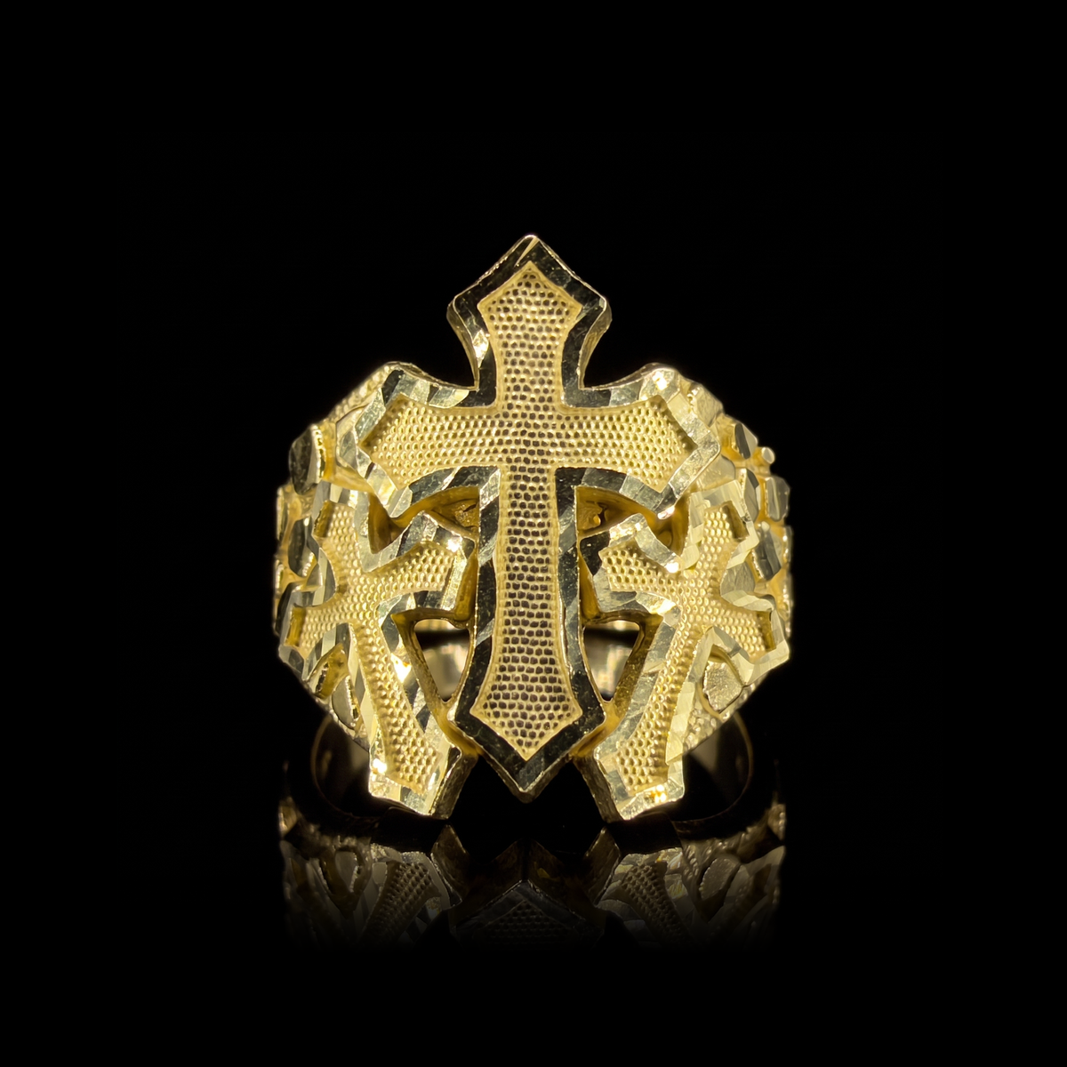 10k gold nugget 3 cross ring 21mm, three-cross face front view on black