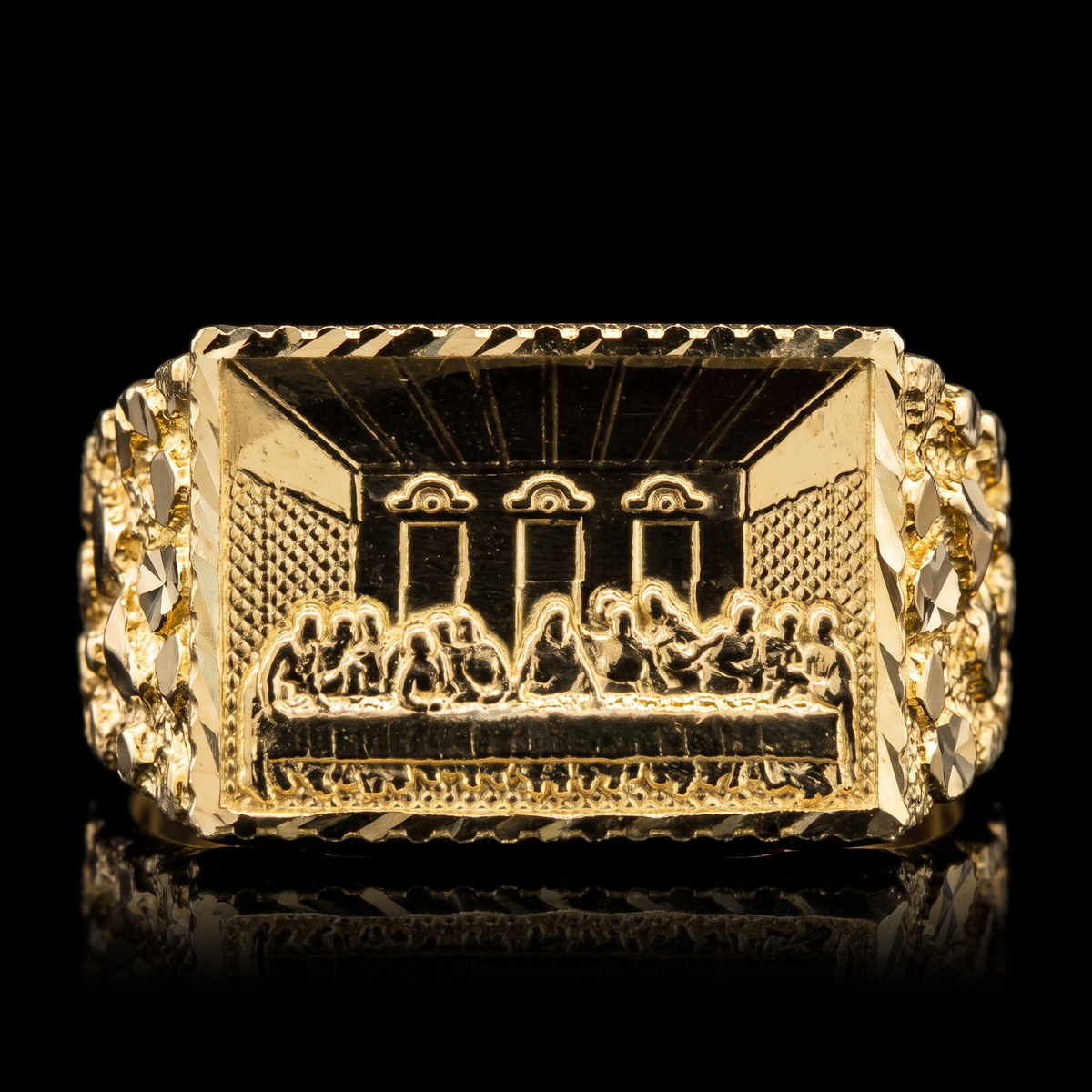 10k gold nugget rectangle Last Supper ring 13mm, Last Supper face front view on black