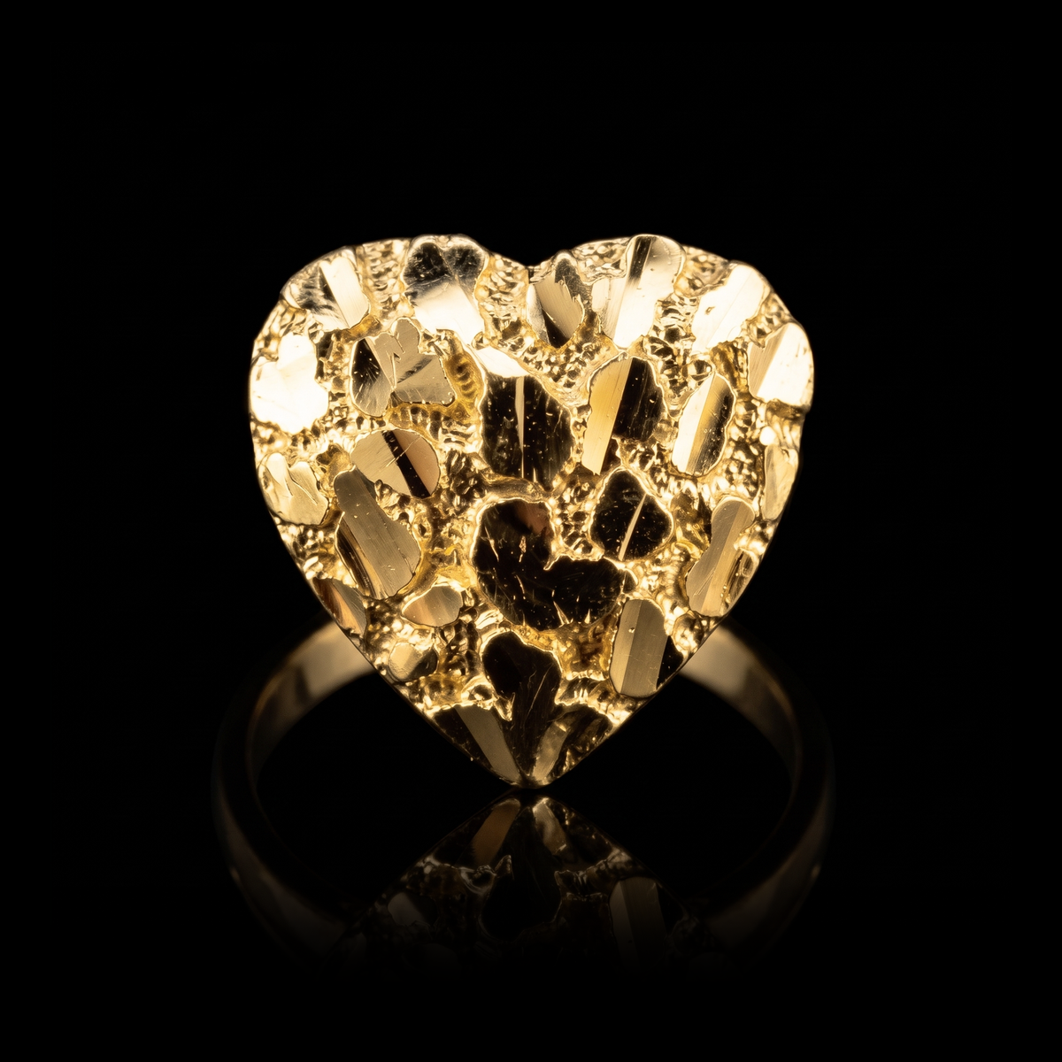 10k gold heart nugget ring 10mm, heart nugget face front view on black