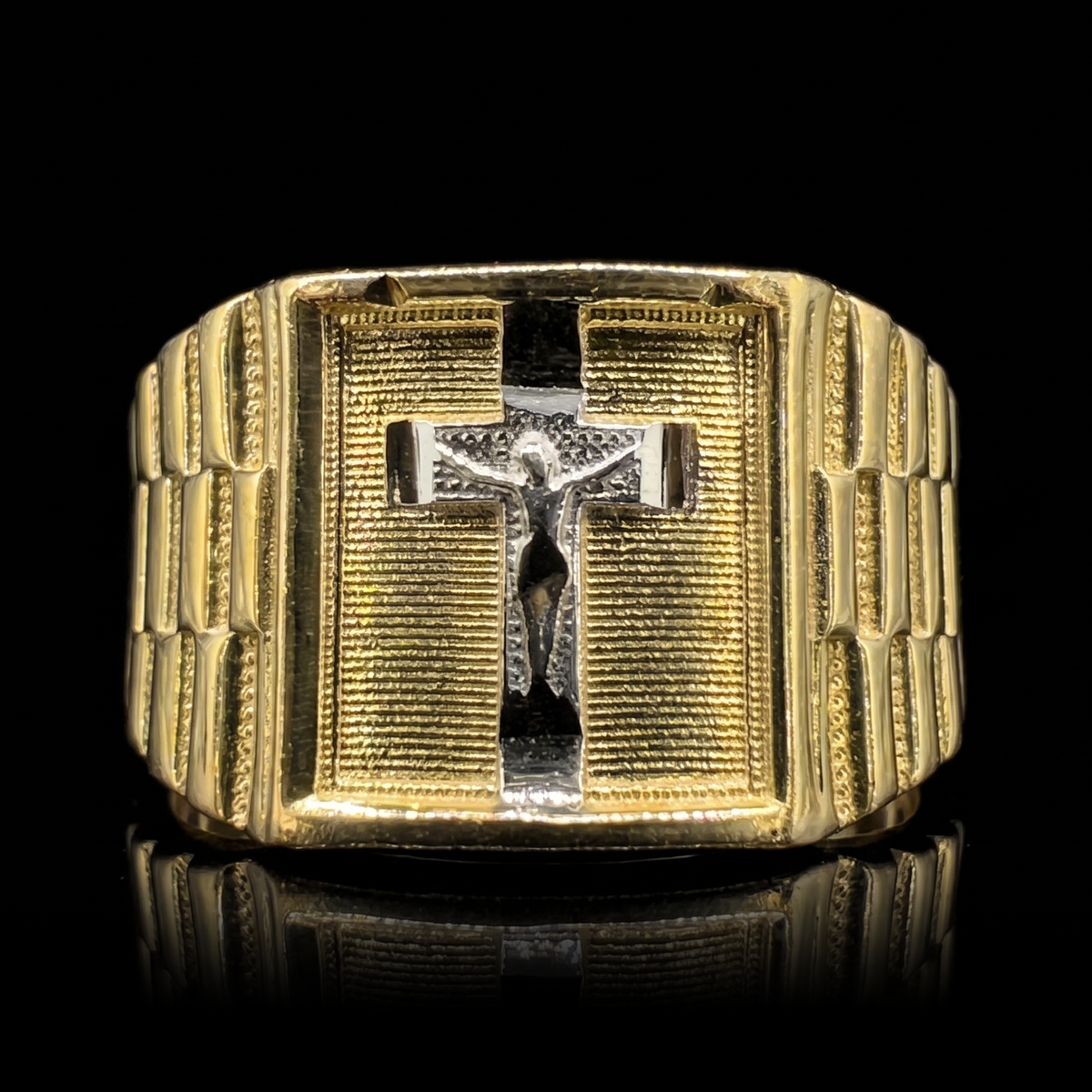 10k gold two-tone Rolex crucifix ring 13mm, white gold crucifix face front view on black