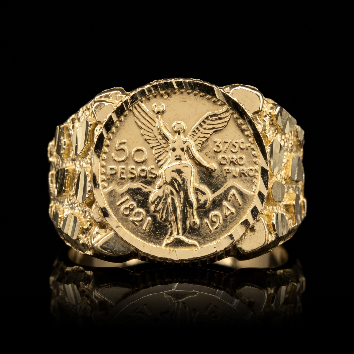 10k gold nugget circle Centenario ring 15mm, Centenario coin face front view on black