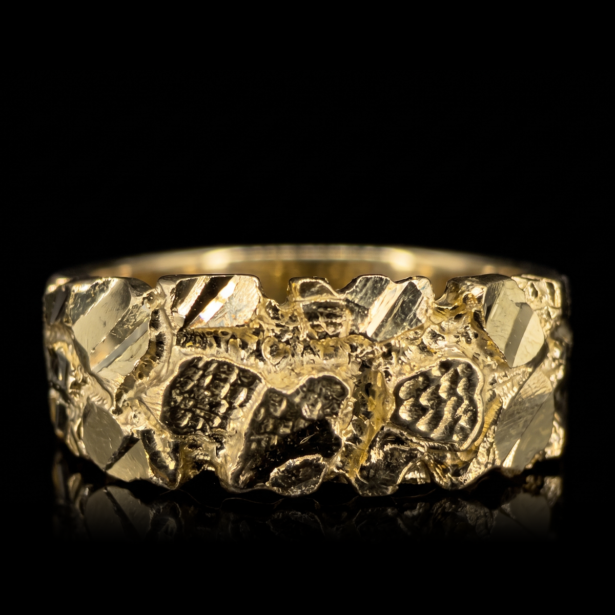 10k gold nugget ring 7.5mm, nugget face front view on black