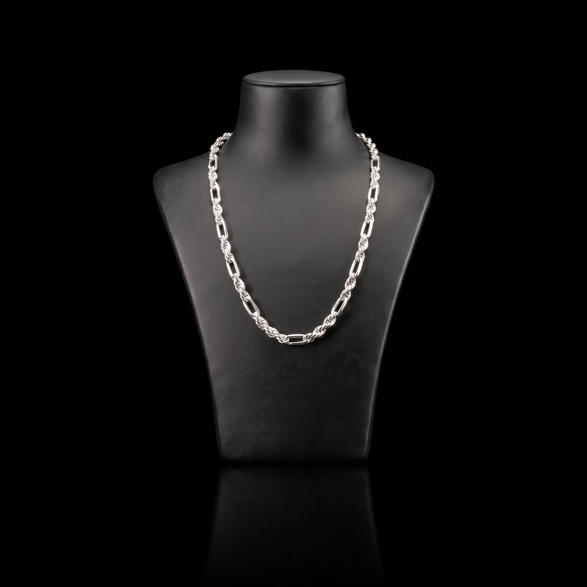 Silver 925 solid figurerope chain 5.8mm draped on a black jewelry bust, front view