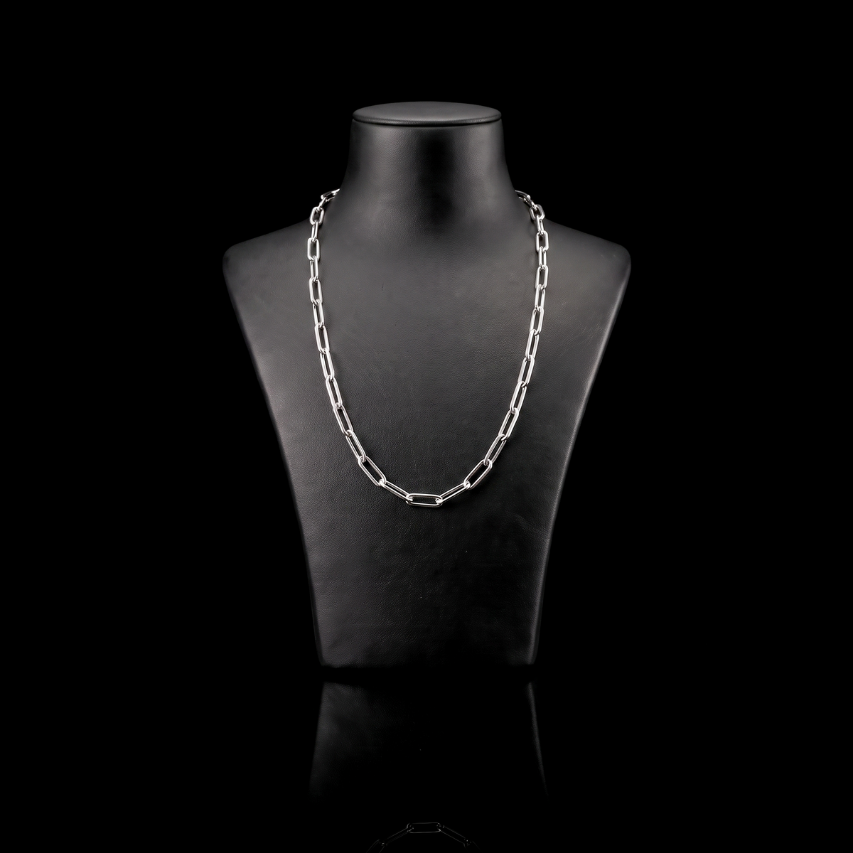 Silver 925 solid paperclip chain 2.8mm draped on a black jewelry bust, front view