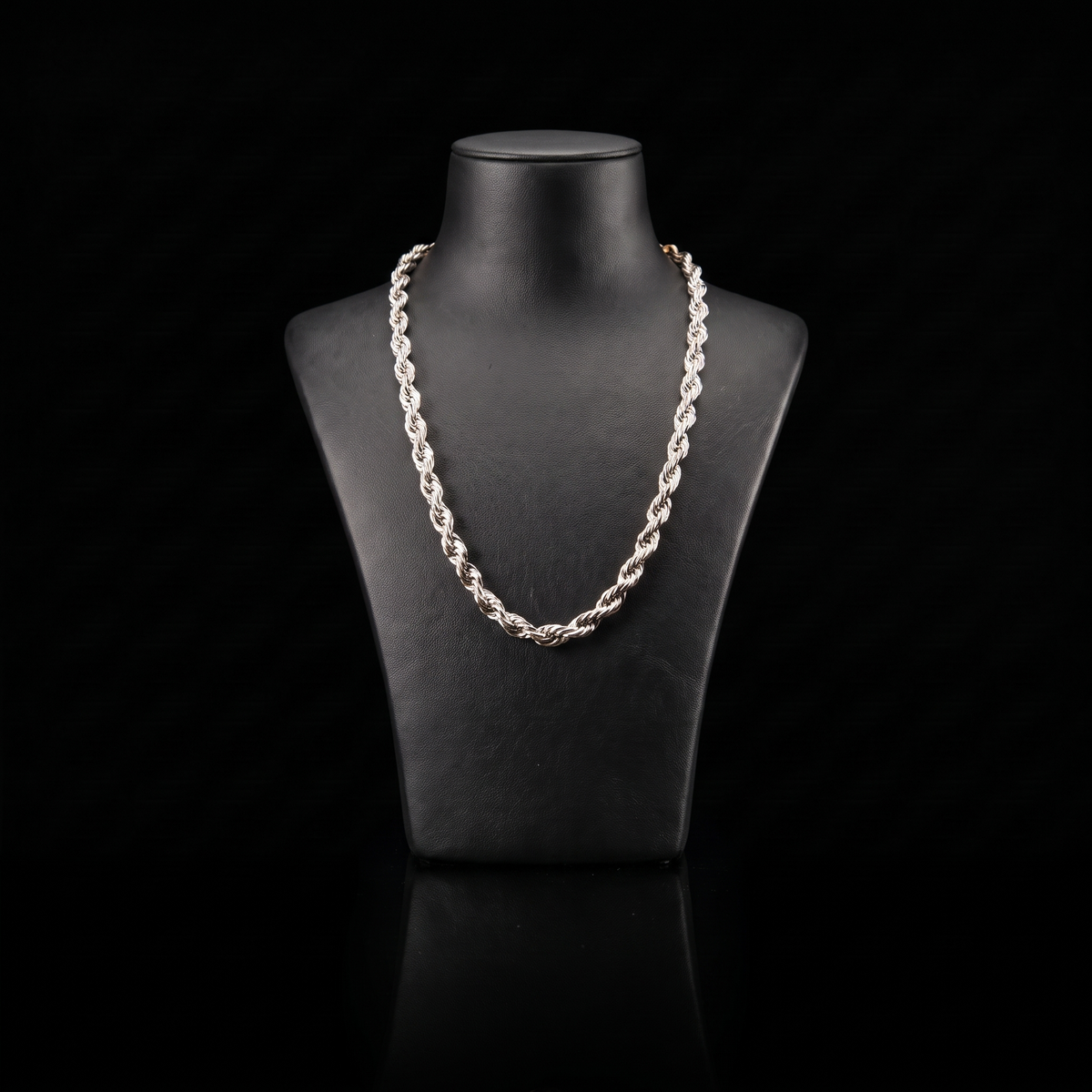 Silver 925 solid rope chain 3.4mm draped on a black jewelry bust, front view