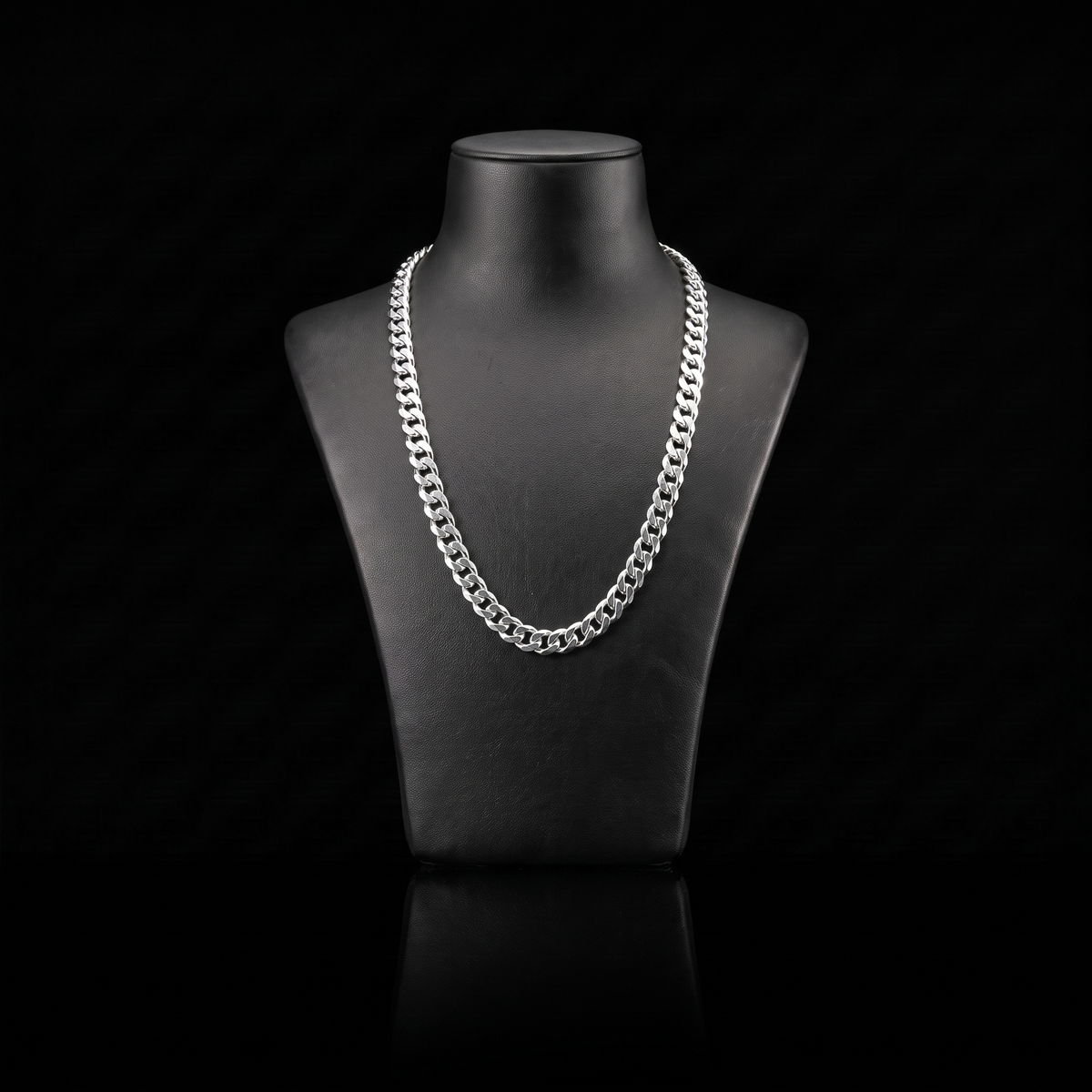 Silver 925 solid curb chain 6.1mm draped on a black jewelry bust, front view