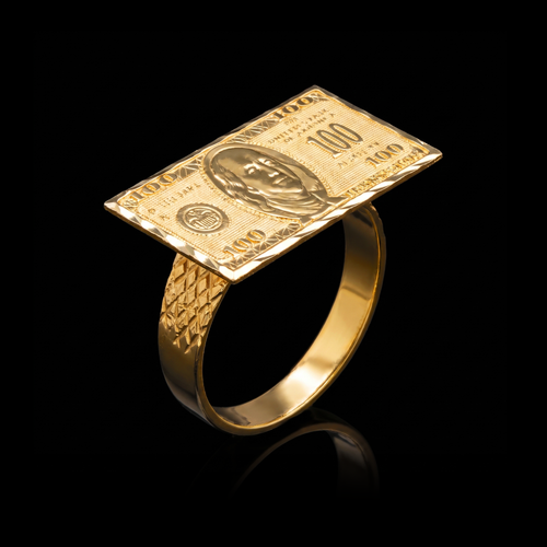 10k gold $100 bill ring 12mm at a 45-degree angle on black