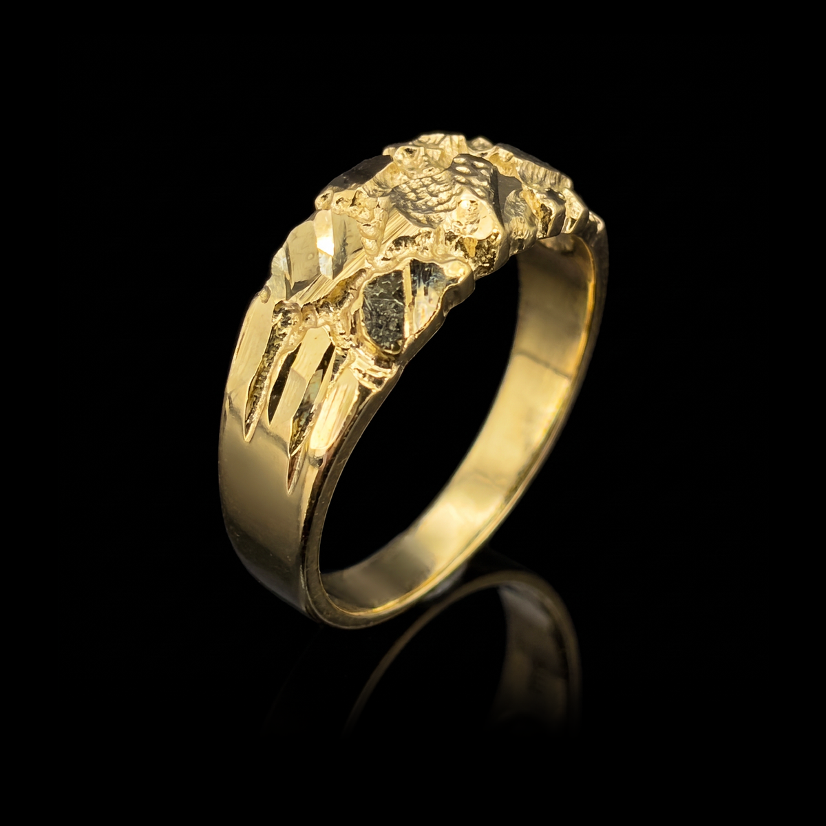 10k gold nugget ring 7.5mm at a 45-degree angle on black