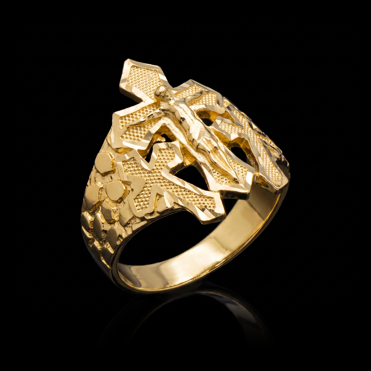 10k gold nugget 3 cross crucifix ring 21mm at a 45-degree angle on black