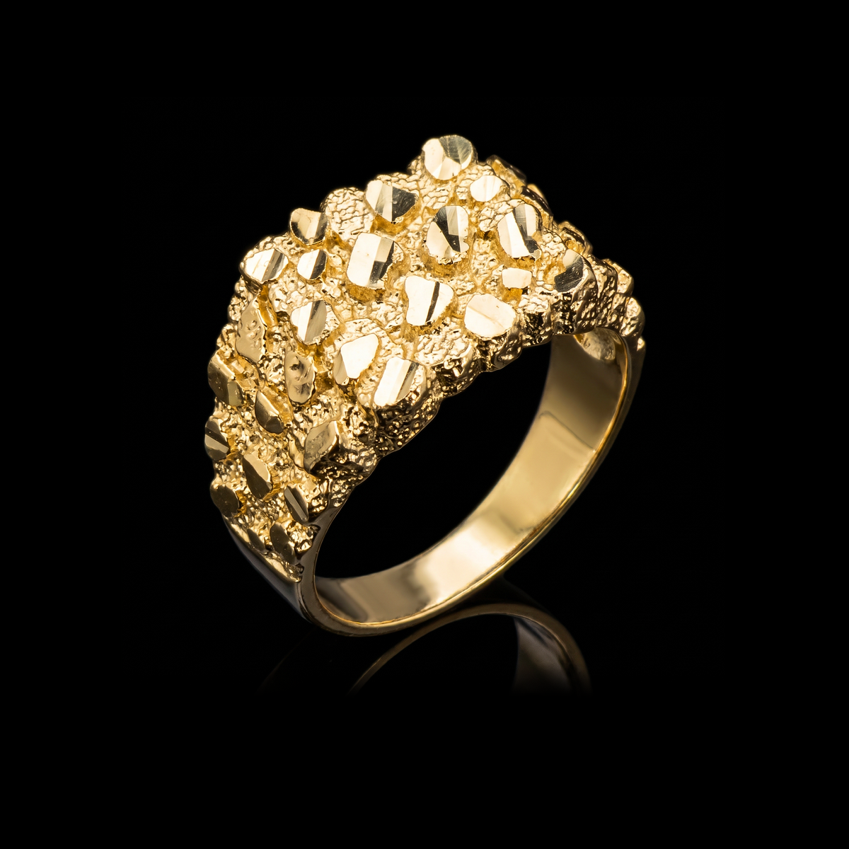 10k gold square nugget ring 12mm at a 45-degree angle on black