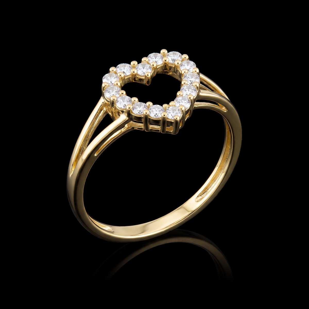 10k gold CZ open heart ring at a 45-degree angle on black