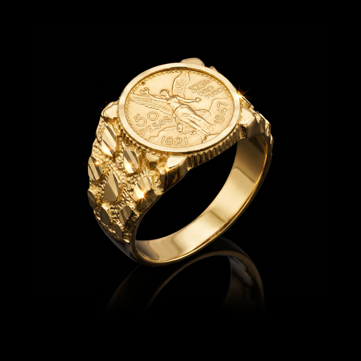 10k gold nugget circle Centenario ring 15mm at a 45-degree angle on black