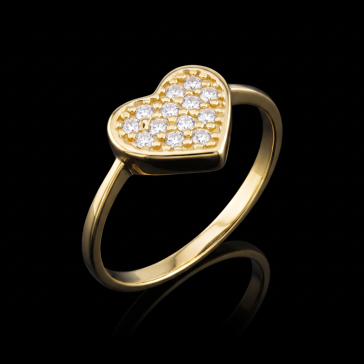 10k gold CZ pave heart ring at a 45-degree angle on black