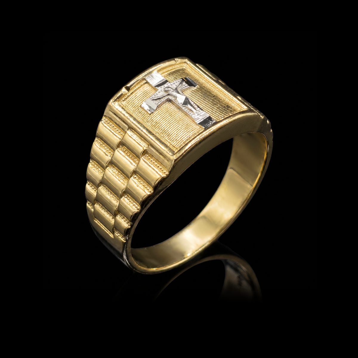 10k gold two-tone Rolex crucifix ring 13mm at a 45-degree angle on black