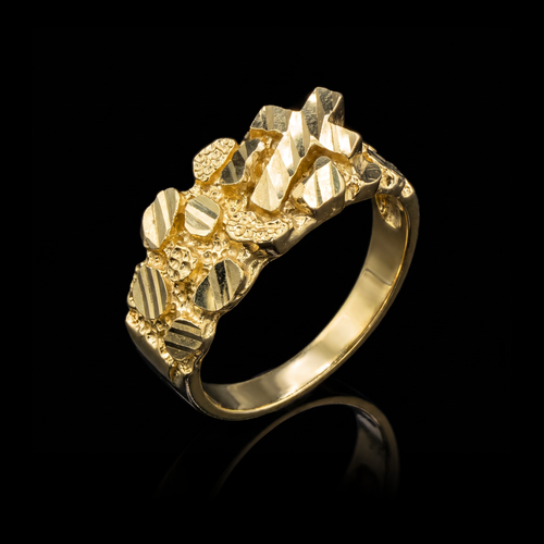 10k gold cross nugget ring 9.5mm at a 45-degree angle on black