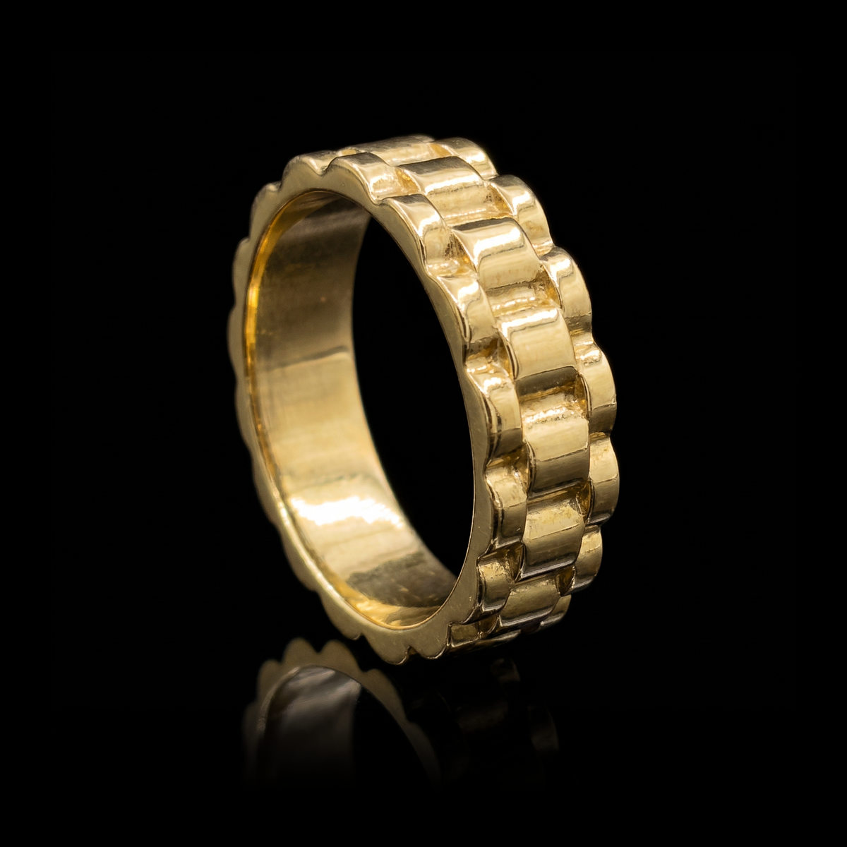 10k gold Rolex band ring 6mm at a 45-degree angle on black