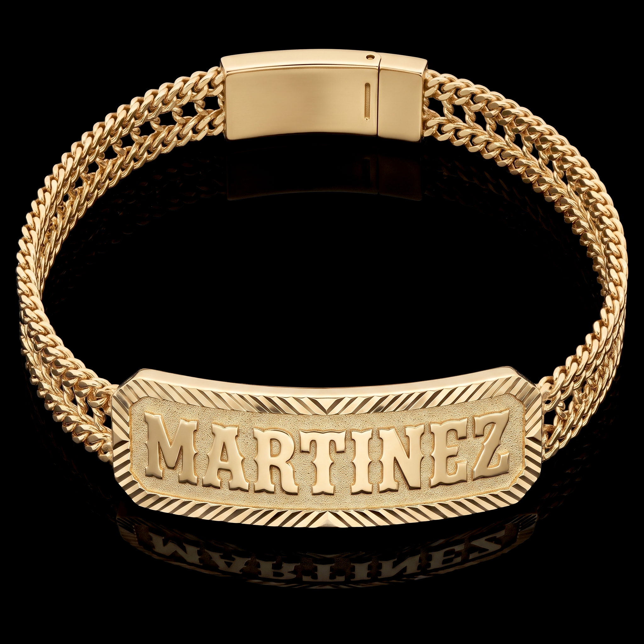 10k gold petatillo ID bracelet with the name Martinez in raised polished western lettering