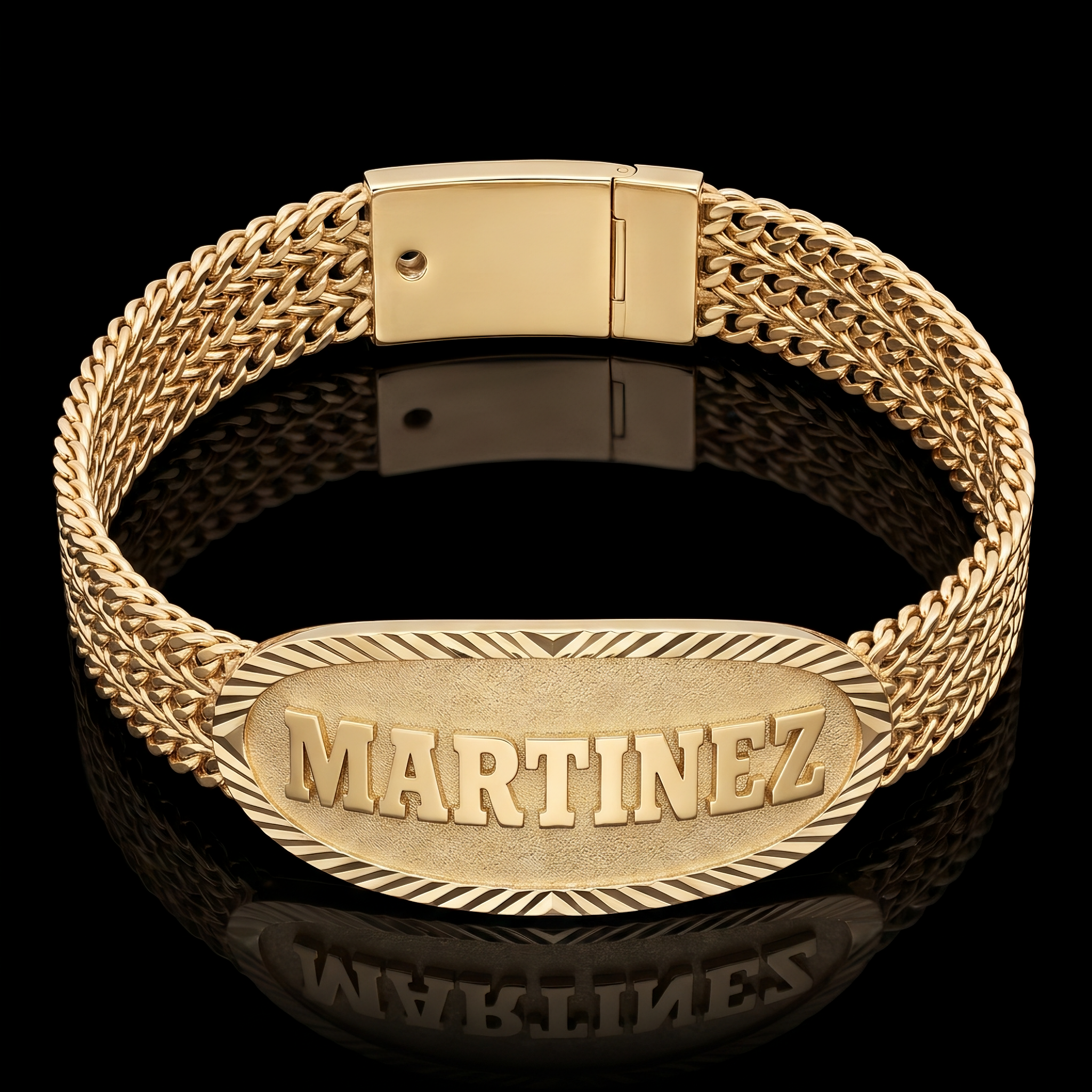 10k gold petatillo ID bracelet, oval nameplate with the name Martinez in raised polished western lettering