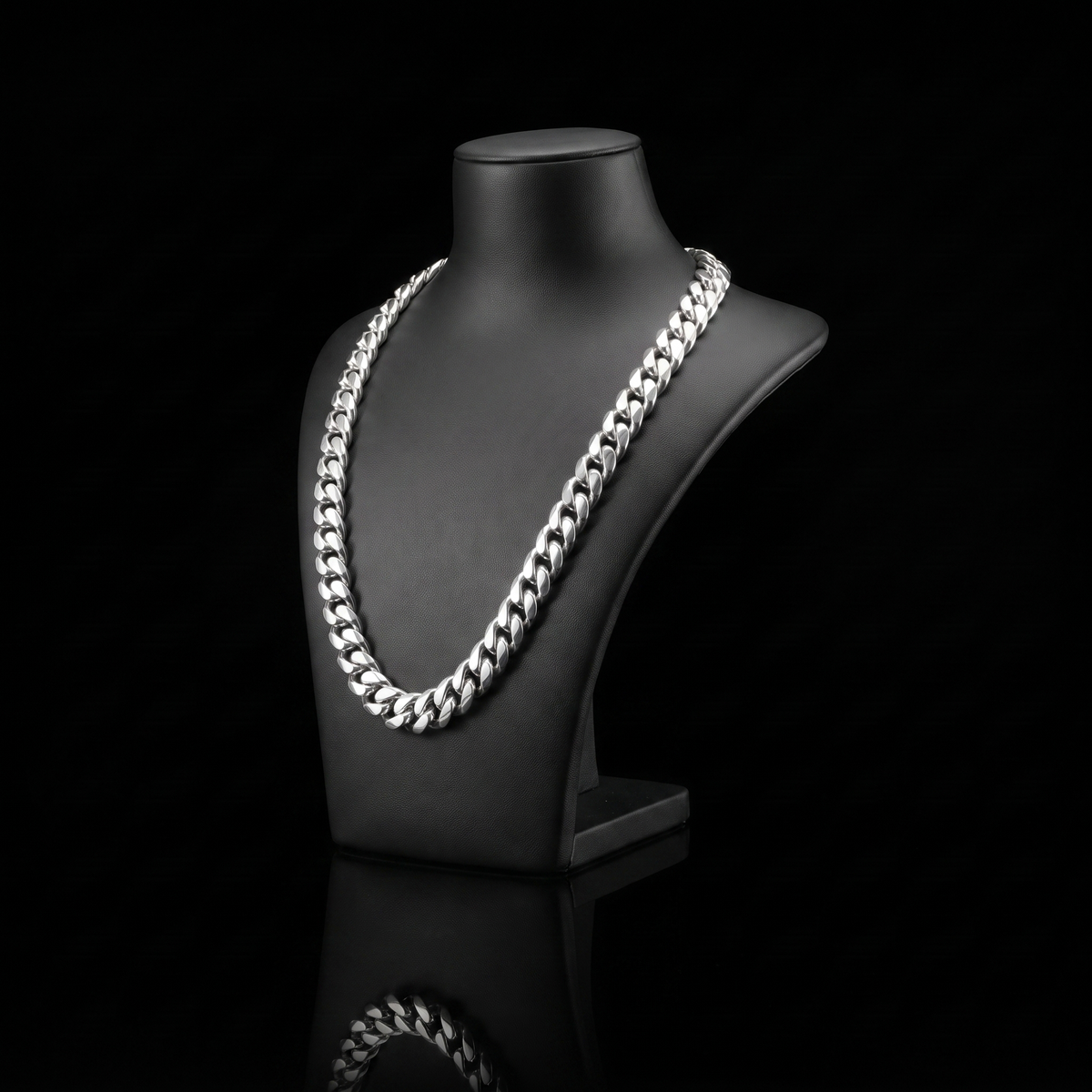 Silver 925 solid miami cuban chain 7mm on a black bust at a 45-degree angle