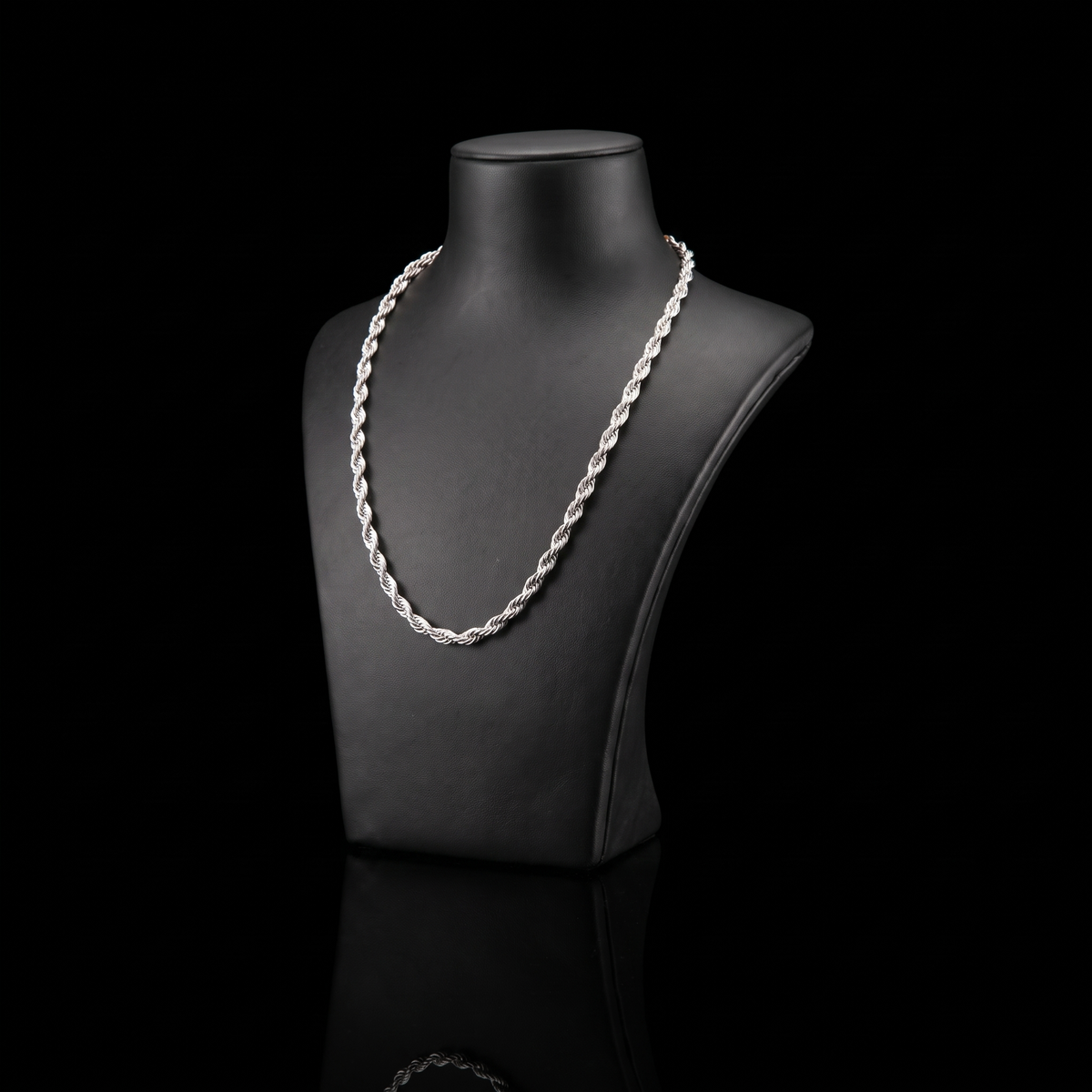 Silver 925 solid rope chain 3.4mm on a black jewelry bust at a 45-degree angle
