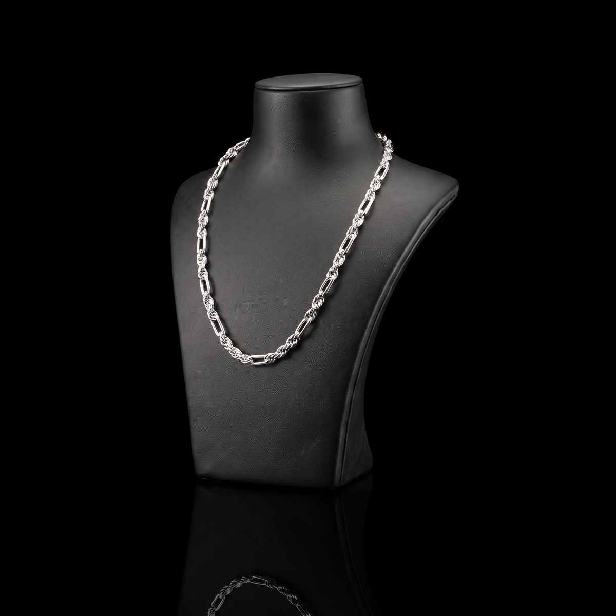Silver 925 solid figurerope chain 5.8mm on a black jewelry bust at a 45-degree angle