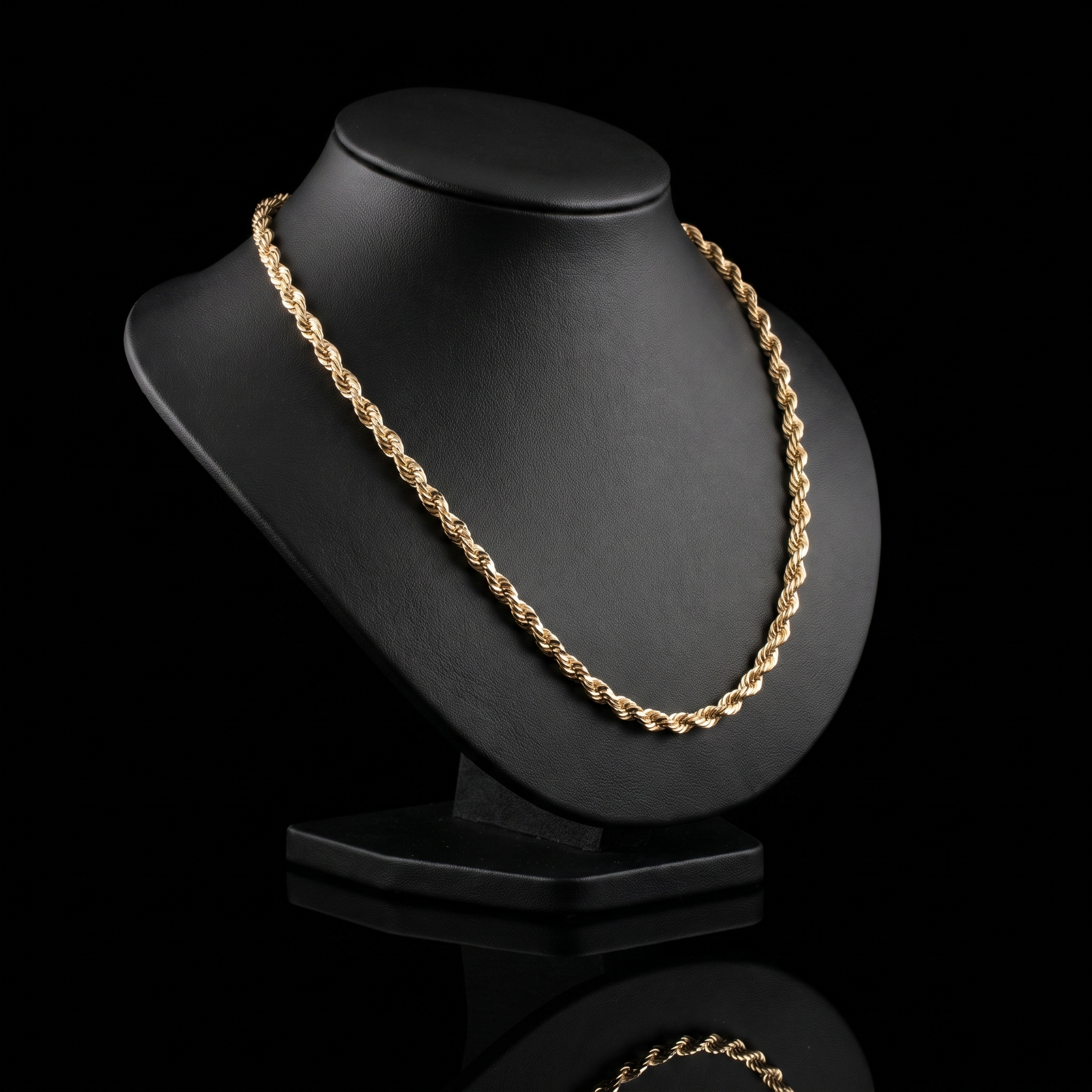 10k gold solid diamond-cut rope chain on a black bust at a 45-degree angle