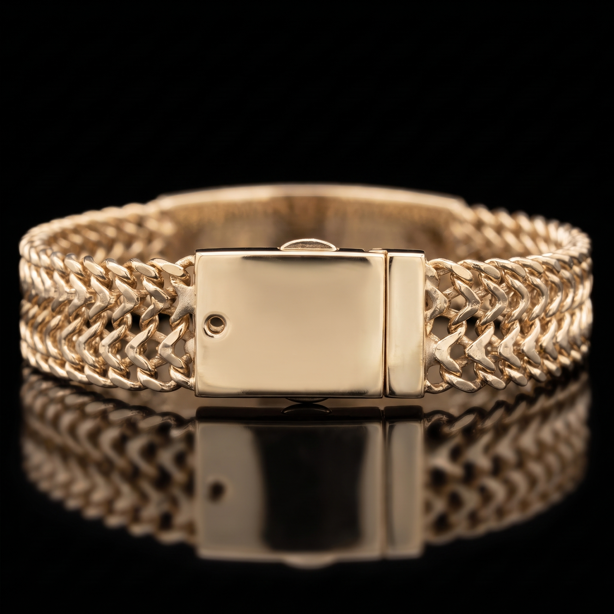 Flat slide clasp of the 10k gold petatillo ID bracelet, closed