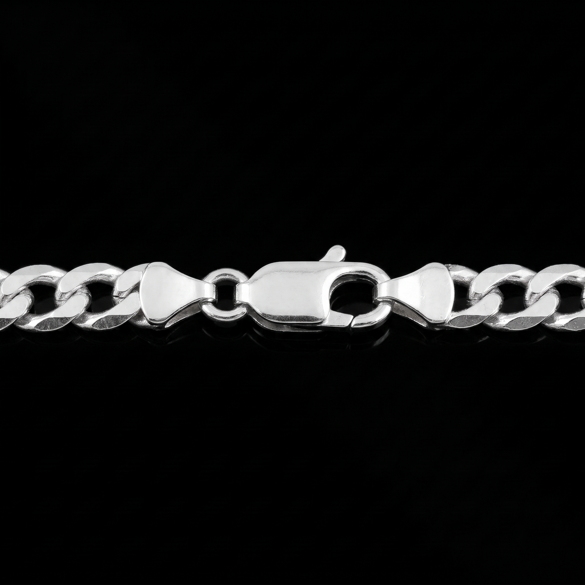 Silver 925 solid curb chain lobster clasp macro on black