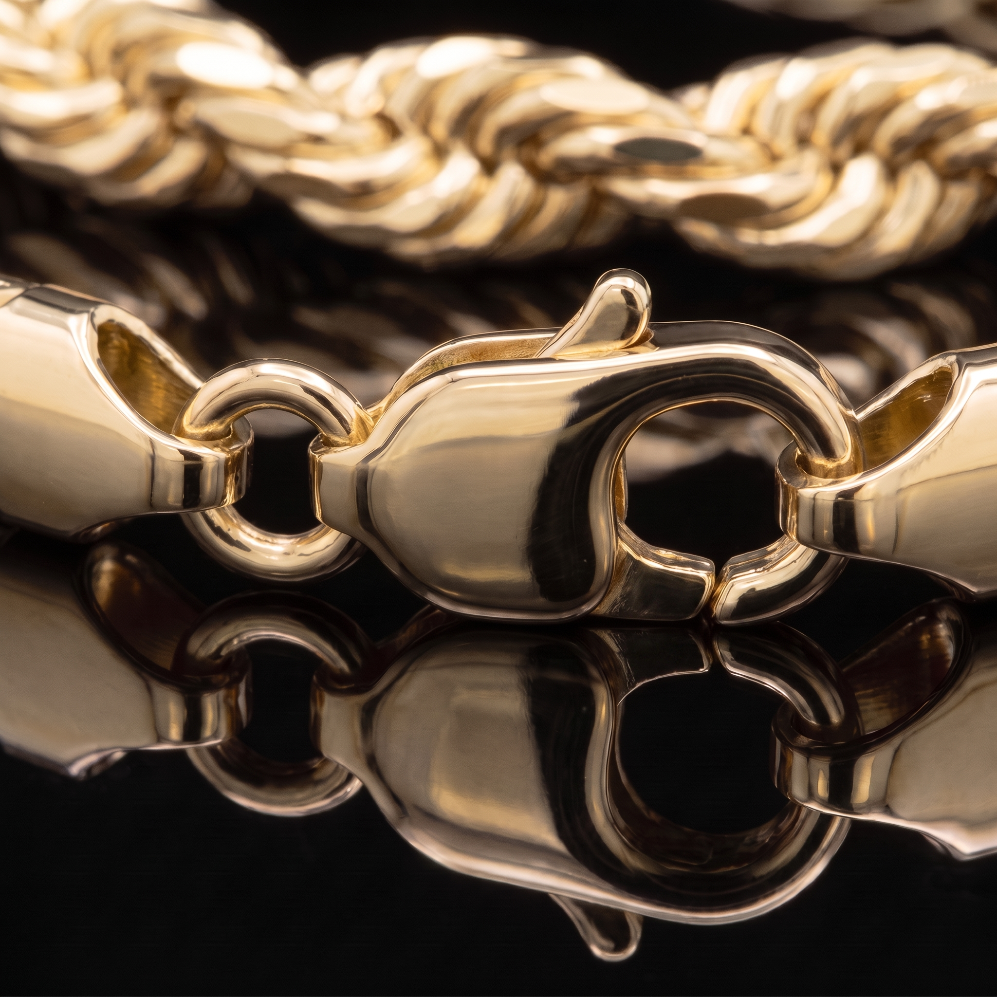 10k gold solid rope chain lobster clasp macro on black