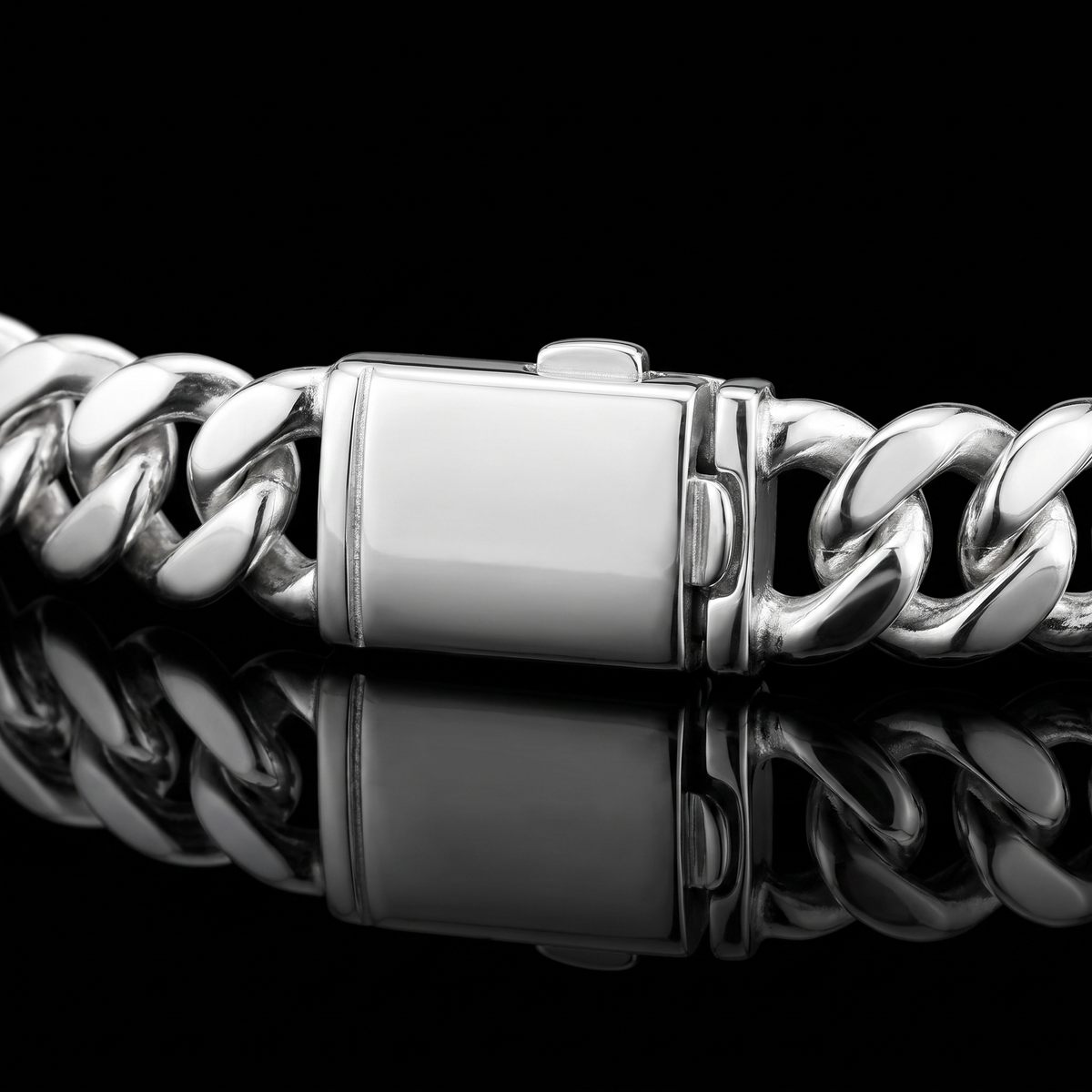 Silver 925 solid miami cuban chain lobster clasp macro on black