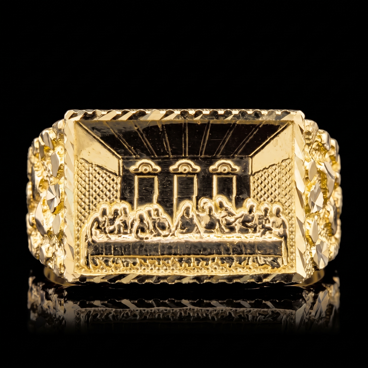 10k gold nugget rectangle Last Supper ring 13mm Last Supper face detail macro on black