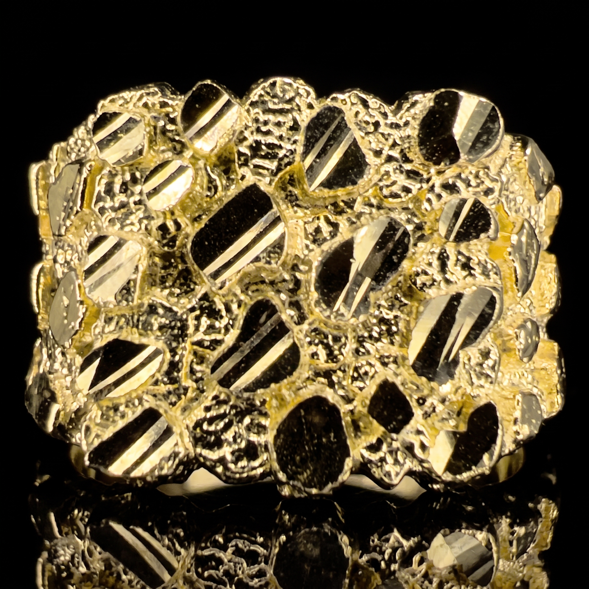 10k gold square nugget ring 15mm nugget face detail macro on black