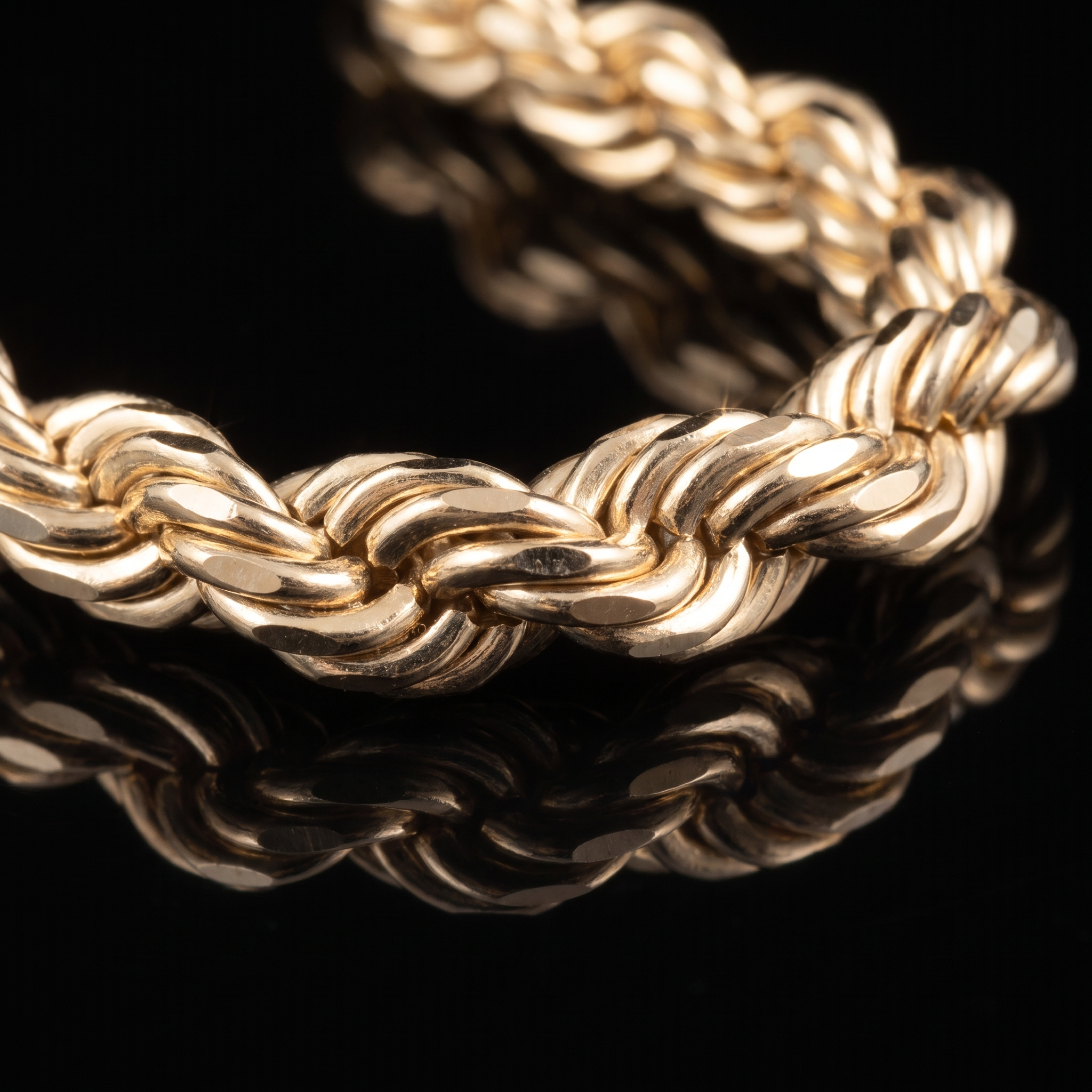 10k gold hollow rope chain diamond-cut twist links macro
