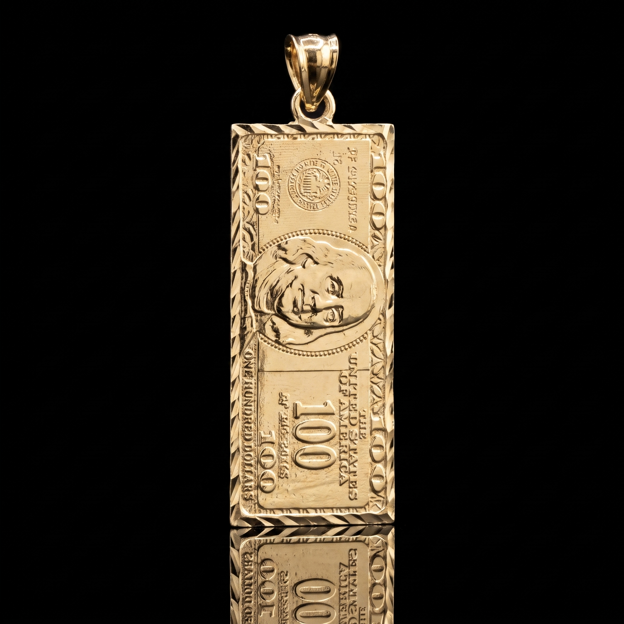 10k gold $100 bill pendant, front on black