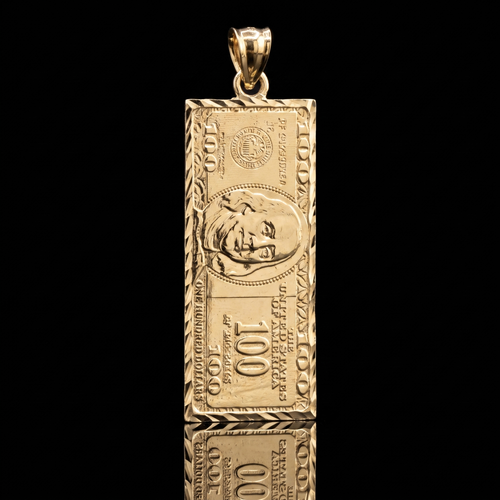 10k gold $100 bill pendant, front on black