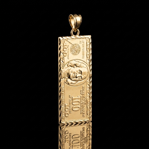 10k Gold $100 Bill Pendant 1.5"