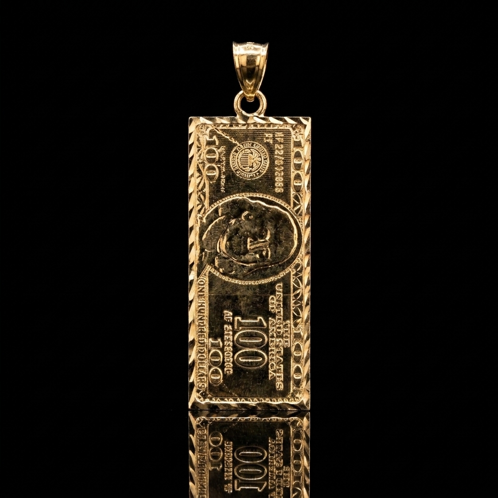 10k Gold $100 Bill Pendant 1.5"