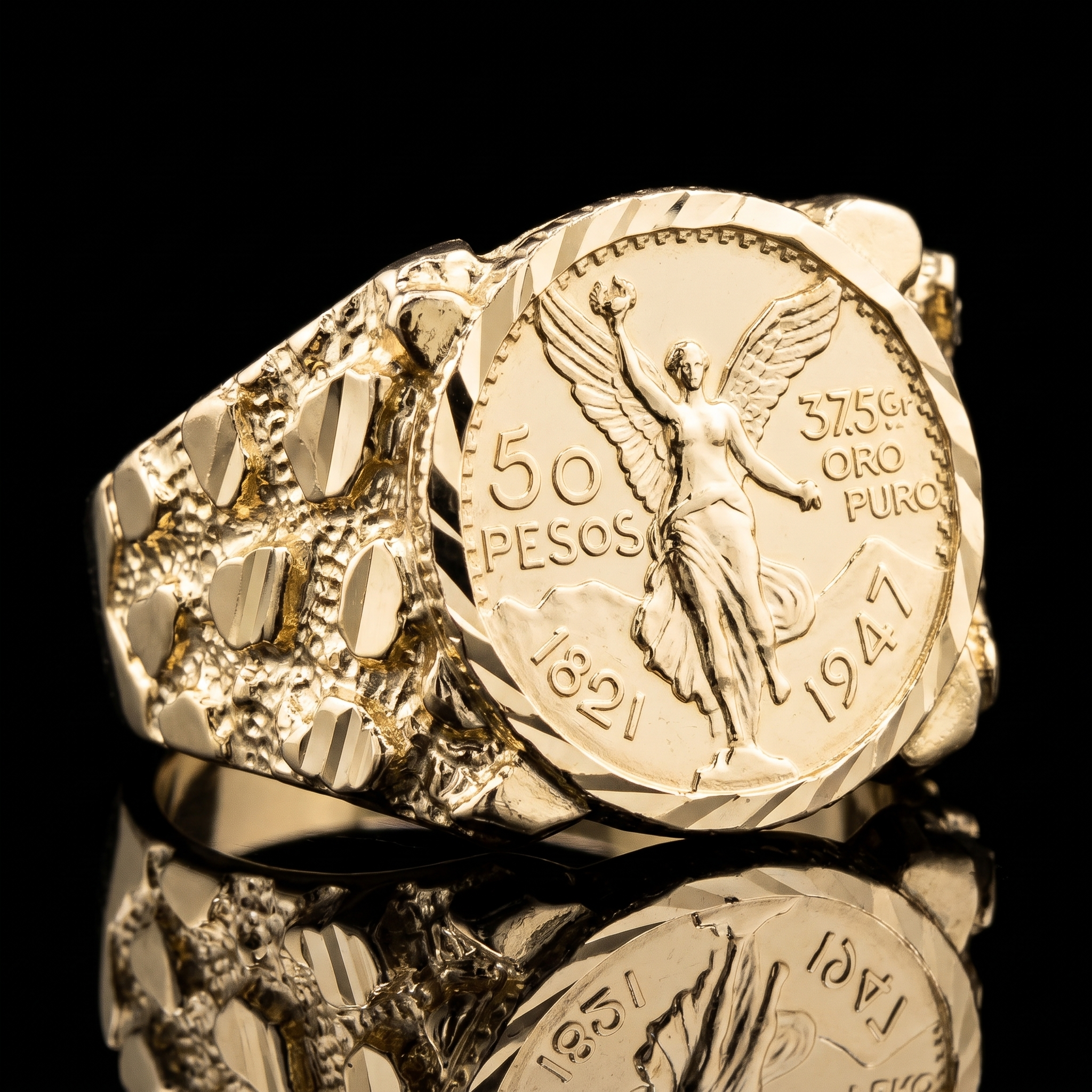 10k gold nugget circle Centenario ring, angled on black