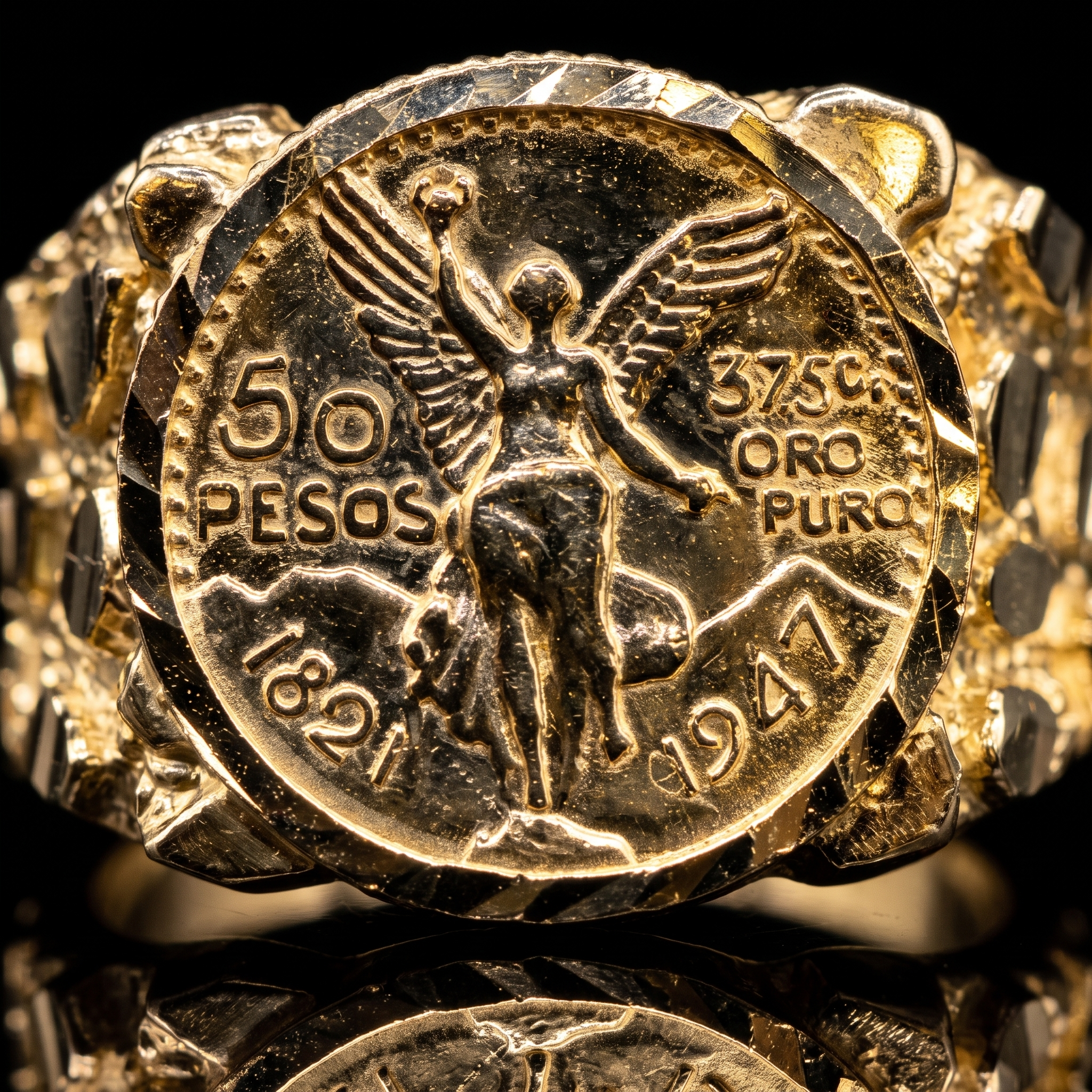 10k gold nugget circle Centenario ring coin detail macro on black