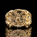 10k gold nugget circle Centenario ring, front on black