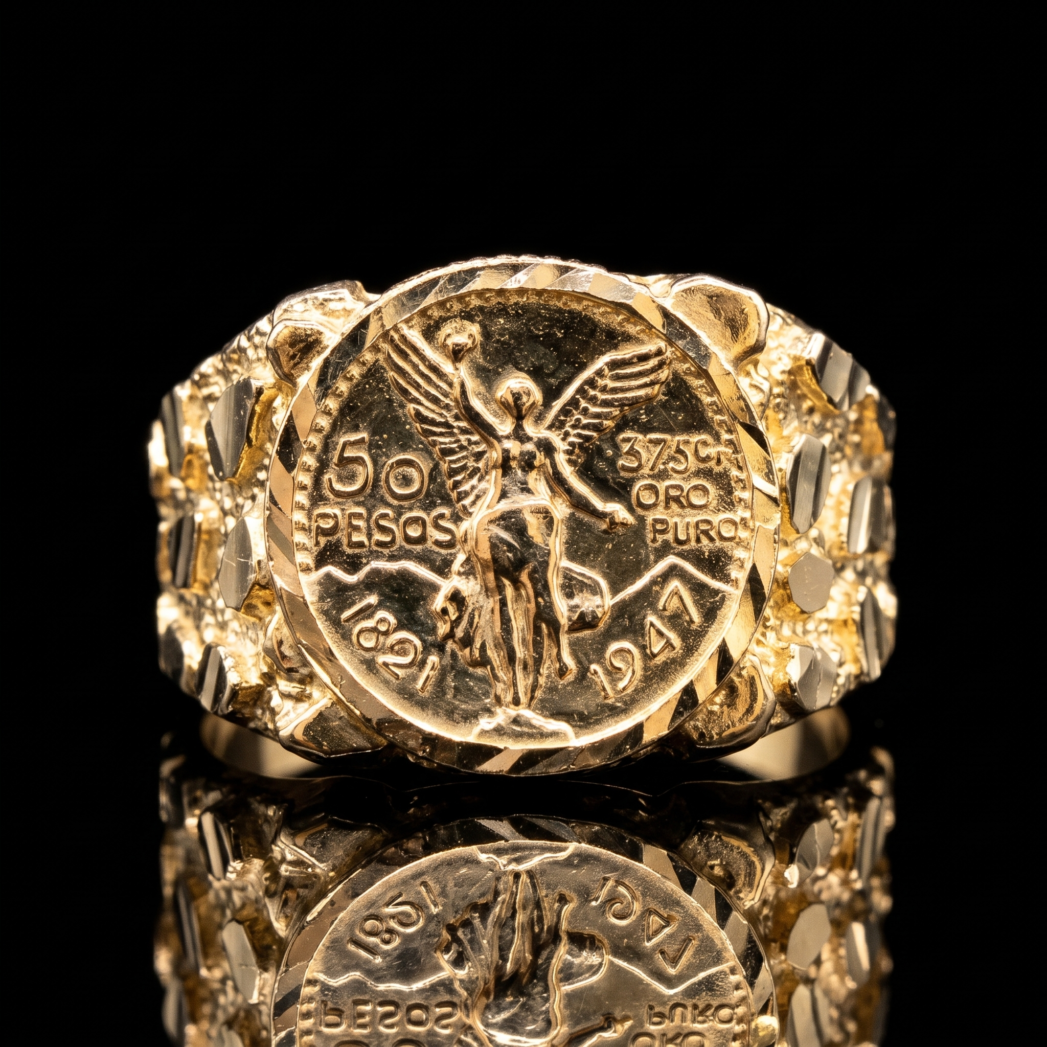 10k gold nugget circle Centenario ring, front on black