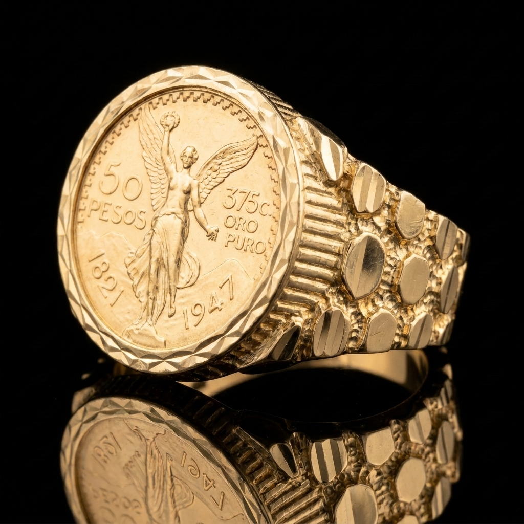 10k Gold Nugget Circle Centenario Ring 19mm