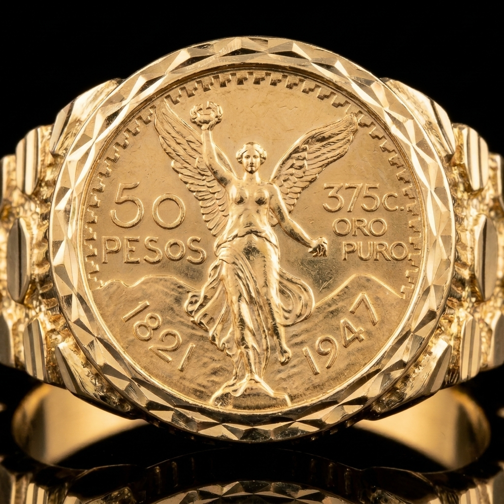 10k Gold Nugget Circle Centenario Ring 19mm